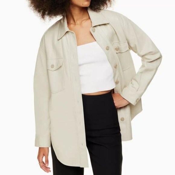 Wilfred Ganna Shirt Jacket Faux Leather Shacket Taupe Cream Button Up XL - Picture 11 of 11